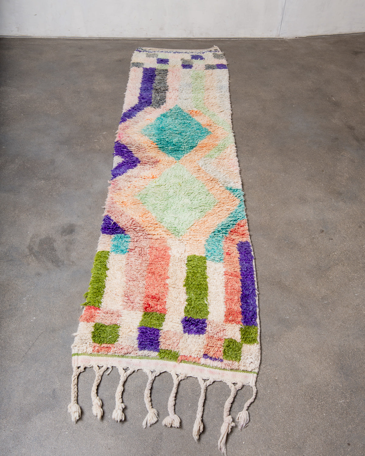 Modern, designer, handcrafted Berber runner rug from Morocco. Vintage carpet with beautiful colours and patterns and fluffy texture.